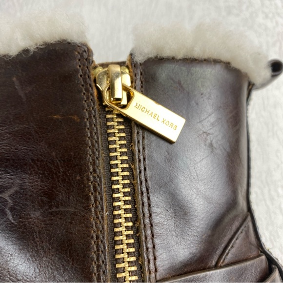 Michael Kors Women 7 Ankle Boots Stress Brown Leather Shearling Detail - Picture 11 of 12
